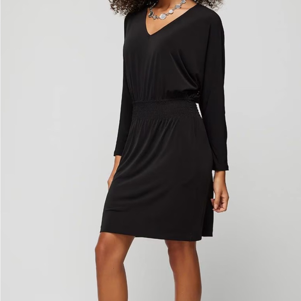White House Black Market Black Long Sleeve V-Neck Waist-Smock Dress